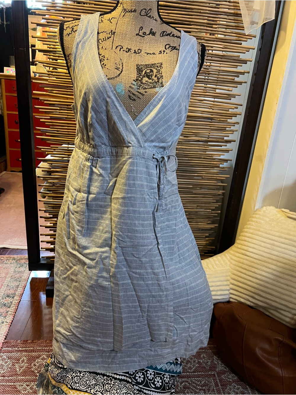 Patagonia Light Gray Striped Sleeveless Wrap Dress